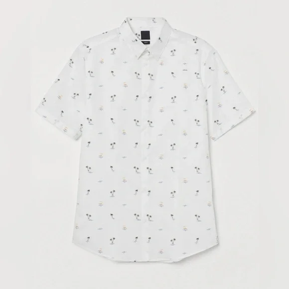 H&M NWOT Slim Fit White Palm Tree Print Men's Shirt XL - Picture 1 of 4